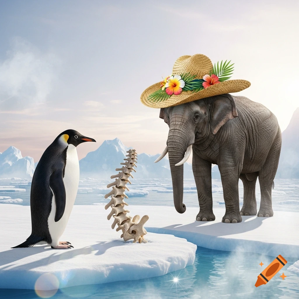 A penguin looks skeptically at a spine on an ice floe, with an elephant in a straw hat nearby in an arctic landscape.
