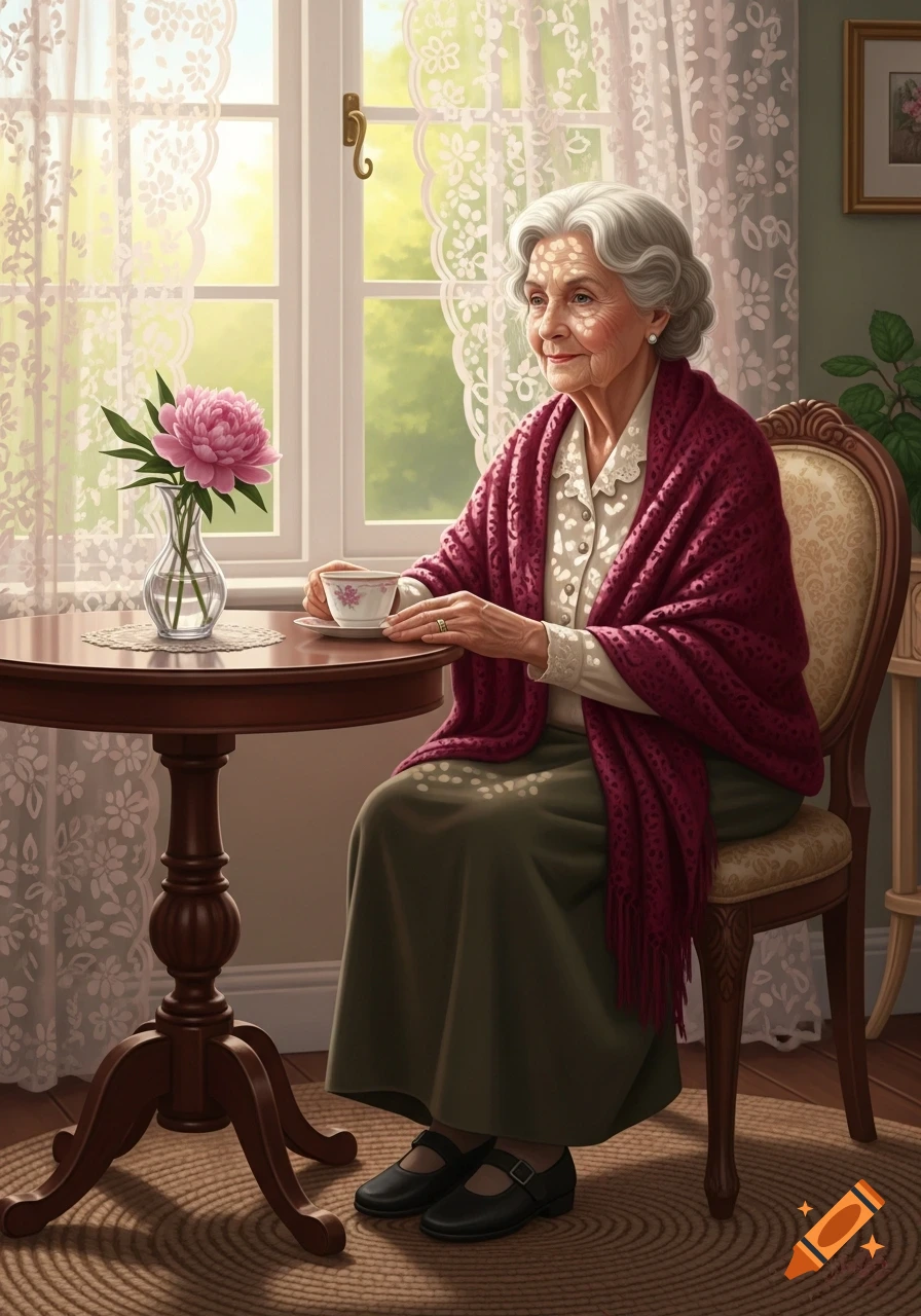 An elderly woman with white hair sits at a wooden table by a window, holding a teacup, with a pink peony in a vase. Sunlight filters through lace curtains.