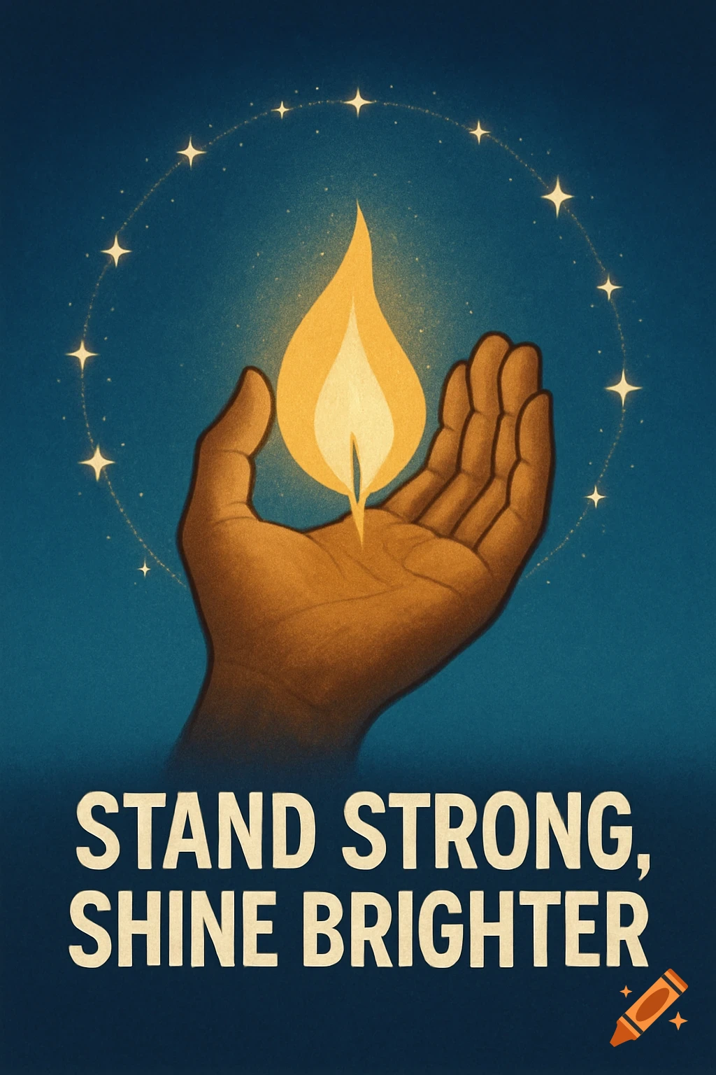 Illustration of a hand holding a glowing flame surrounded by stars, with the text 'STAND STRONG, SHINE BRIGHTER' below. Poster art style.