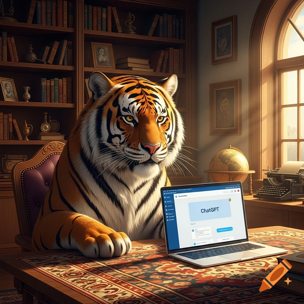 A majestic tiger sits at a grand wooden desk in a study, looking at a laptop displaying ChatGPT.