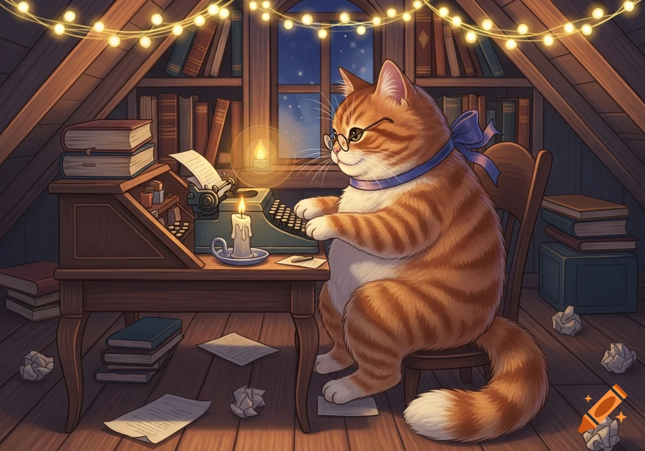 A cute, fluffy orange cat wearing glasses and a blue bow types on a vintage typewriter in a cozy attic library lit by string lights and a candle.