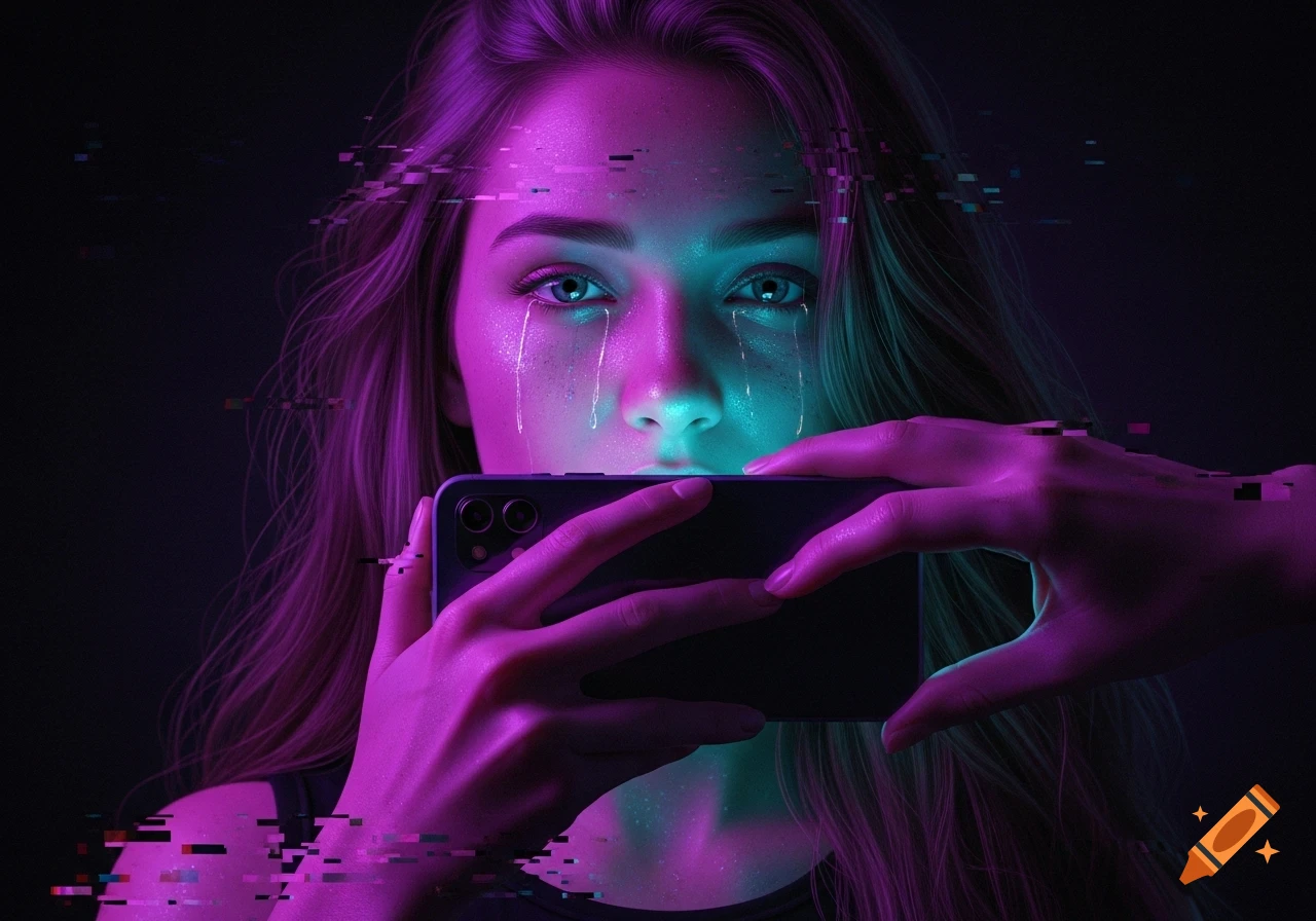 Hyperrealistic portrait of a crying girl with neon purple and blue light reflecting on her, a phone held over her mouth, with glitch effects.