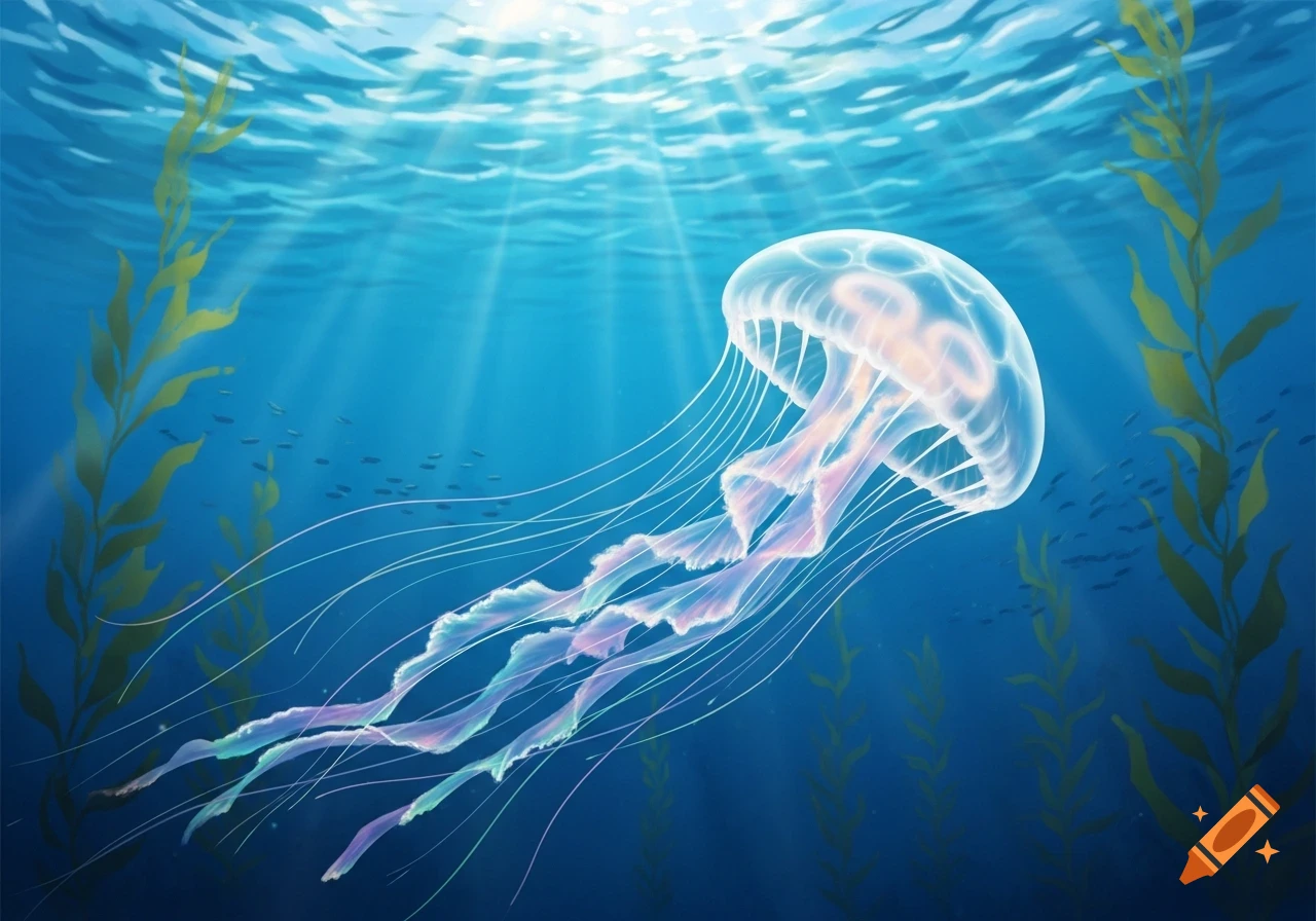 A luminous jellyfish with long, flowing tentacles floats gracefully in a vibrant blue underwater scene with sun rays, kelp, and small fish.