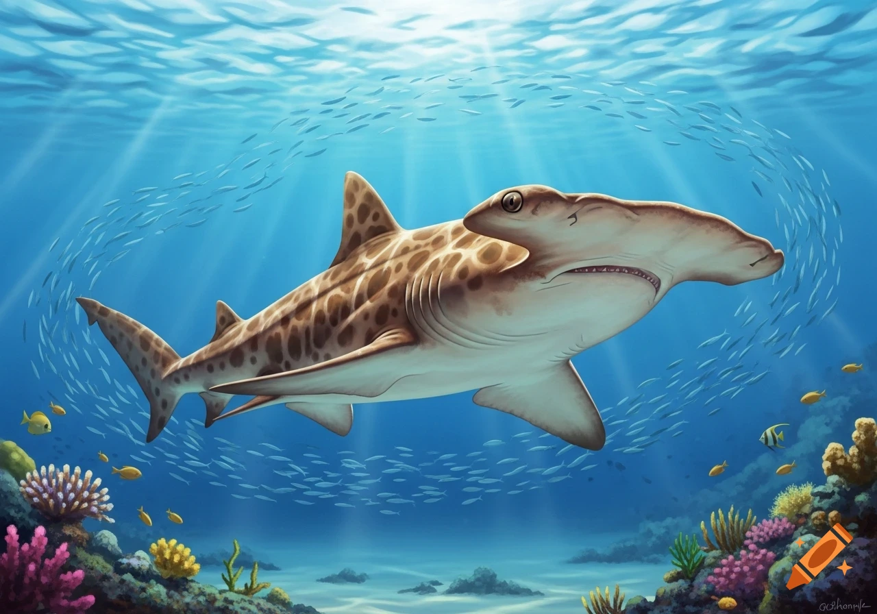 A detailed illustration of a spotted hammerhead shark swimming in a vibrant coral reef, with sun rays piercing blue ocean waters.