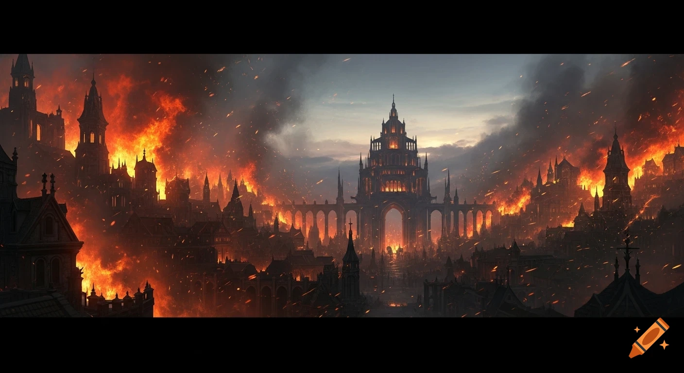 A dark fantasy city engulfed in massive fires under a smoke-filled sky, with a towering central castle and burning gothic architecture.