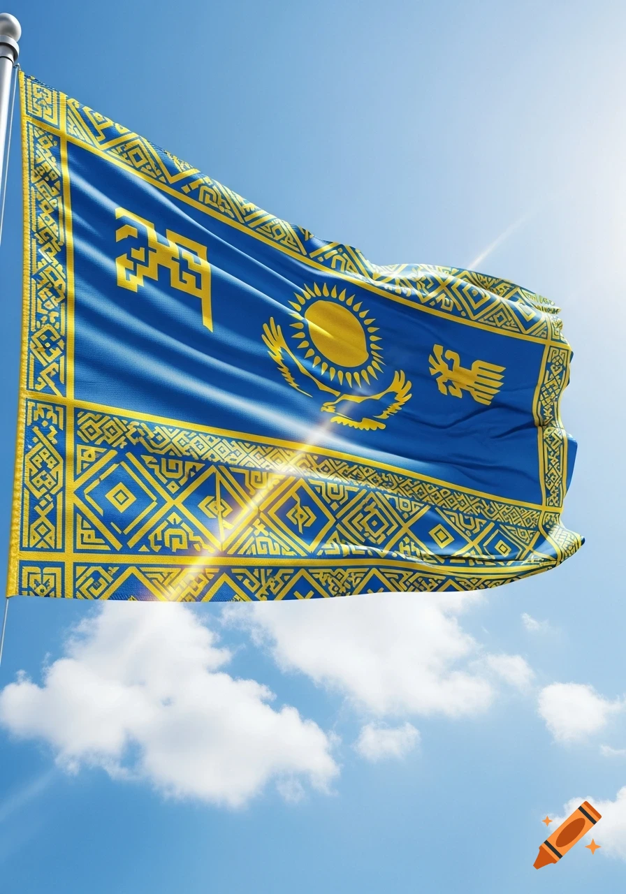 A vibrant blue and gold flag with a sun, soaring eagle, and ornamental patterns waves against a clear blue sky.