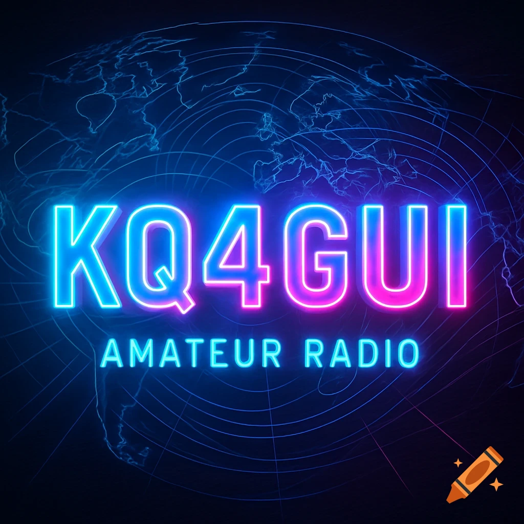 Neon sign with 'KQ4GUI AMATEUR RADIO' in bright pink and blue letters over a dark stylized world map.