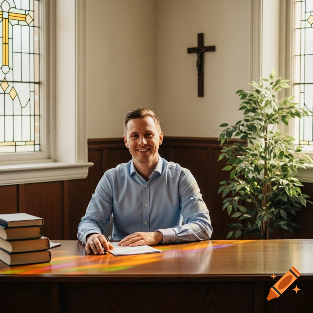 A smiling man sits at a wooden desk in a church office, with stained glass windows and a cross on the wall.