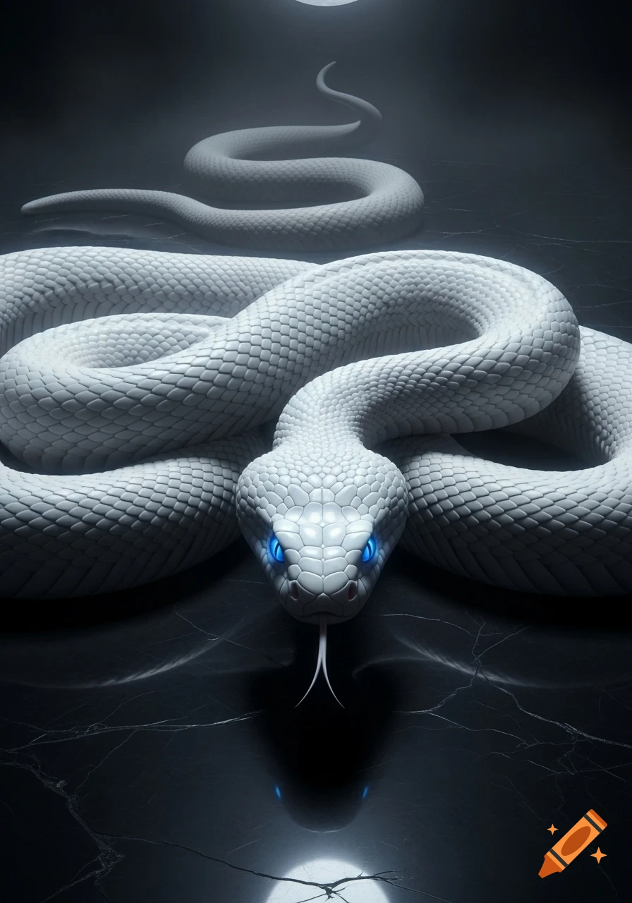 A large white snake with glowing blue eyes and a forked tongue coiled on a dark, cracked surface.