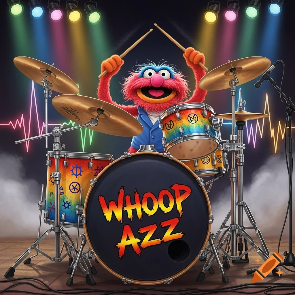 The Muppet Animal joyfully plays a colorful drum kit with 'WHOOP AZZ' written on the bass drum, illuminated by stage lights.