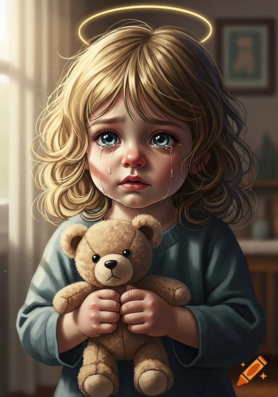 Stylized illustration of a crying child with blond curly hair, holding a teddy bear, and a halo.