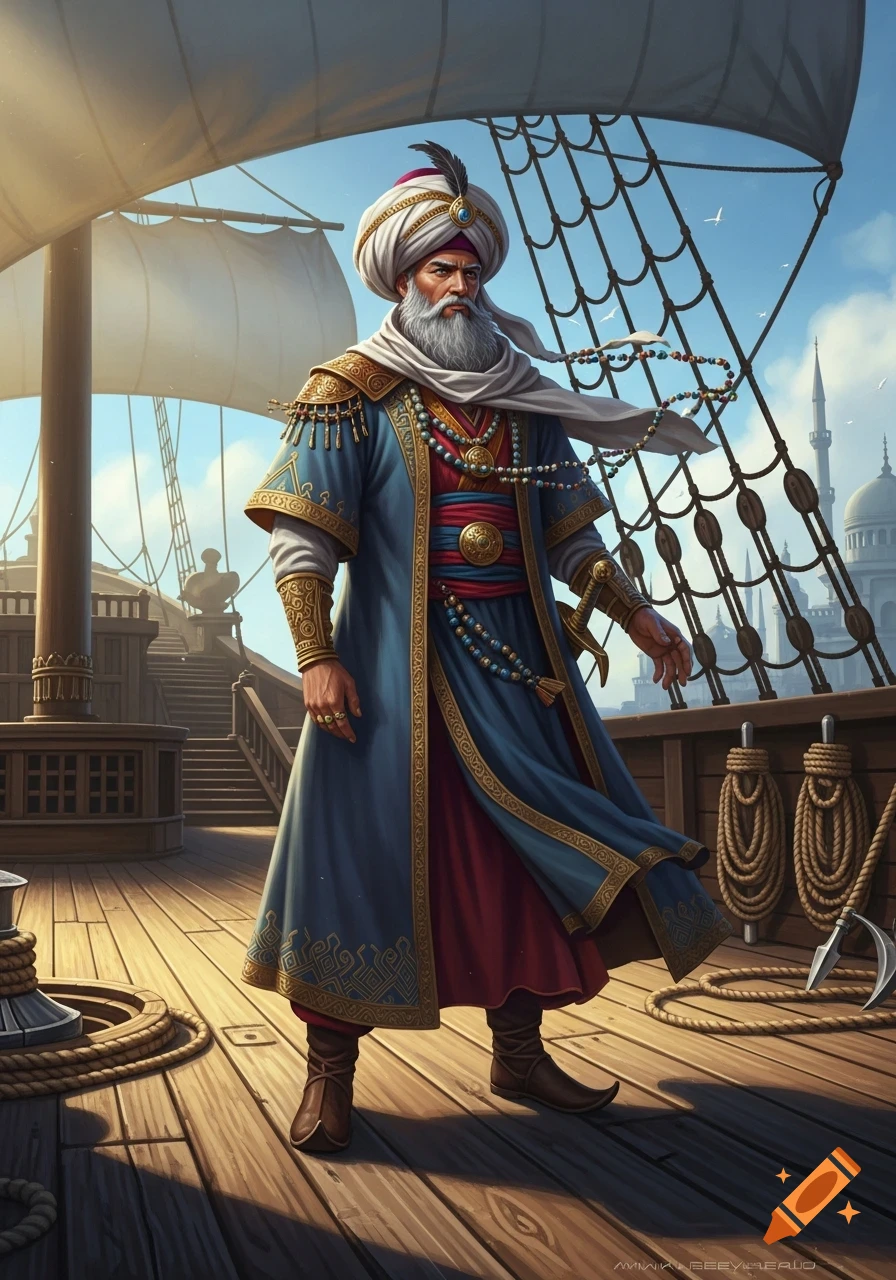 An old, wise oriental explorer with a full white beard and turban, wearing ornate blue and red clothing, stands on the wooden deck of his ship.