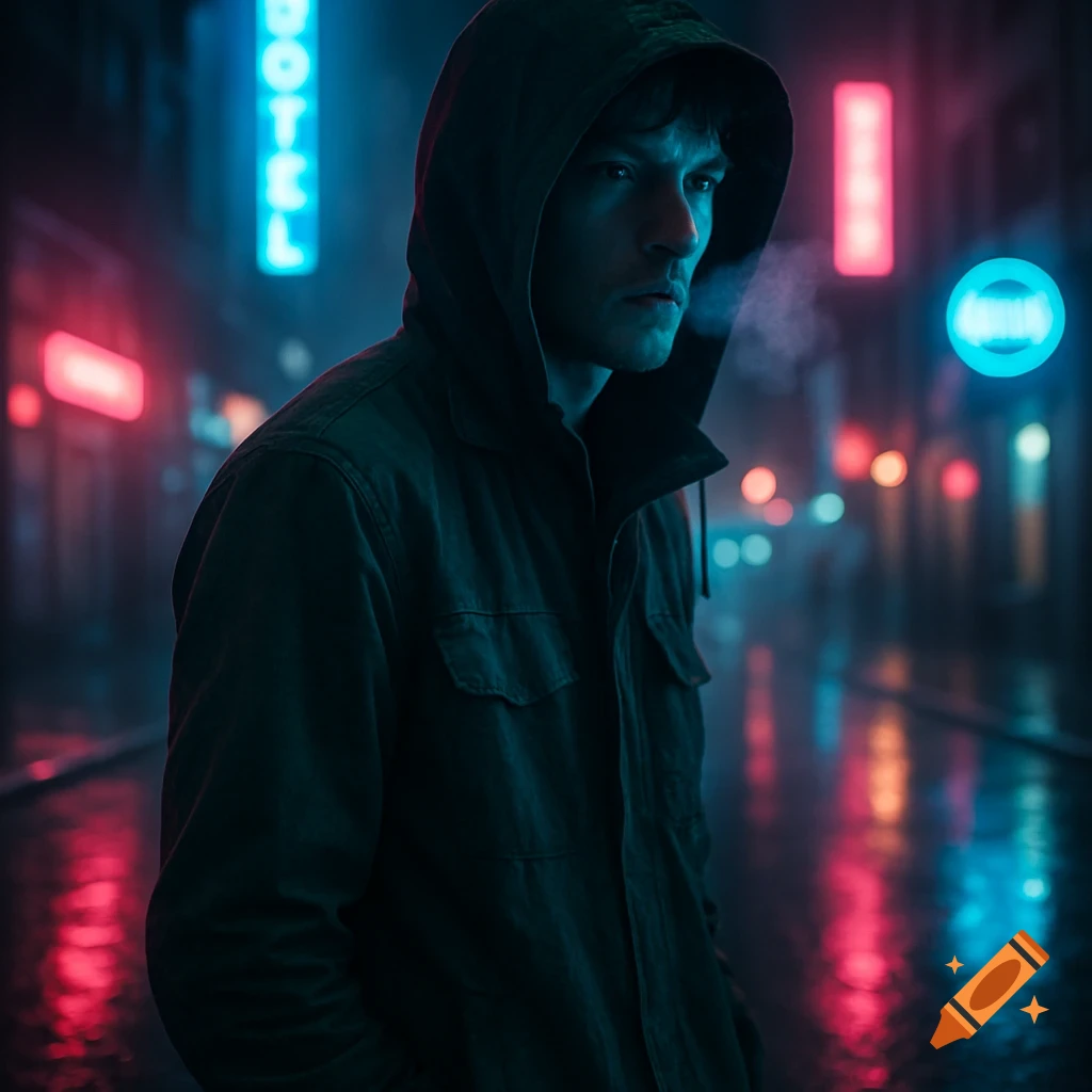A young man in a hooded jacket stands on a wet urban street at night, illuminated by dramatic neon lights reflecting on the asphalt.