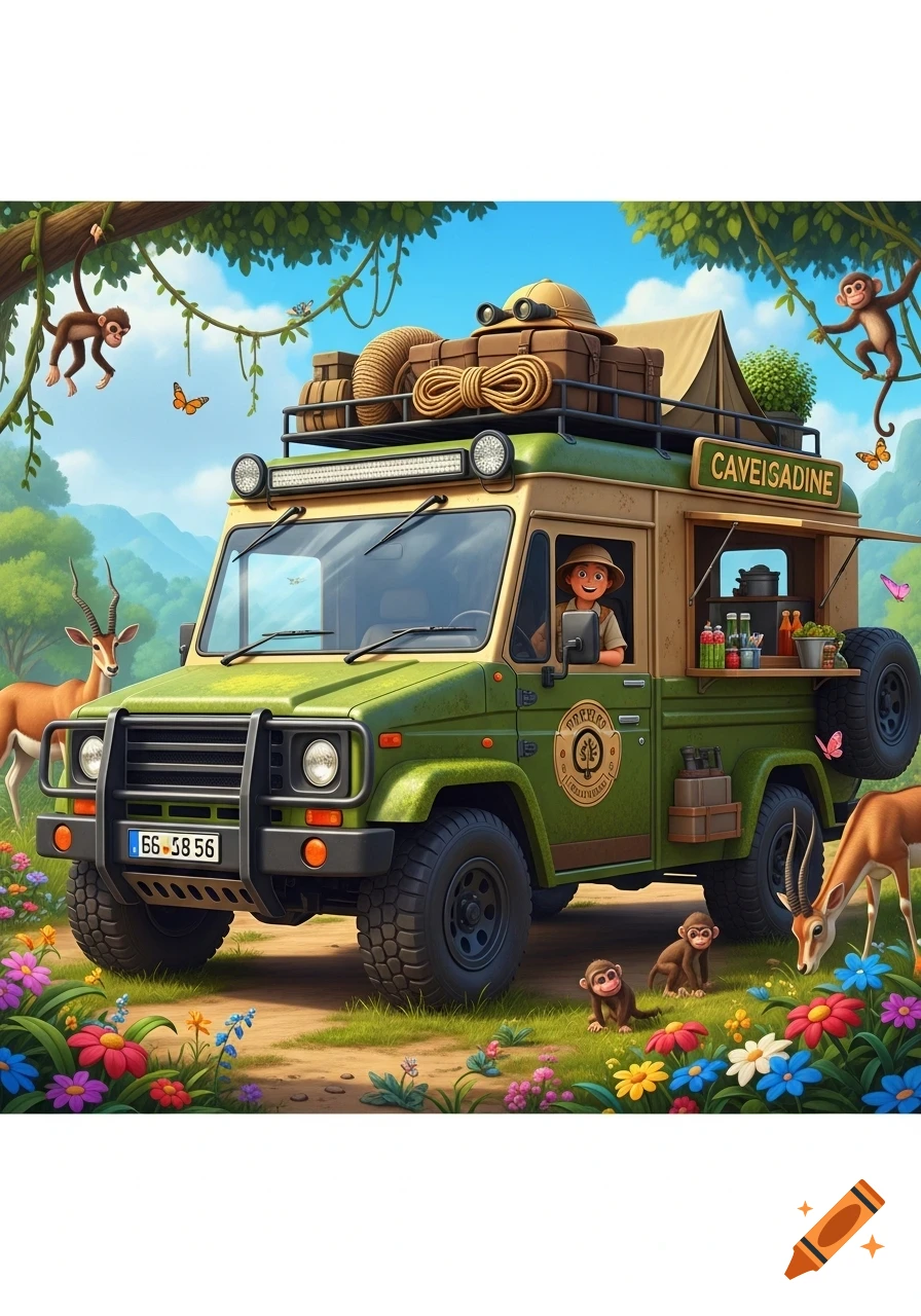 A whimsical cartoon safari jeep food truck with a driver, roof rack, and serving window, surrounded by monkeys, gazelles, and colorful flowers under a blue sky.