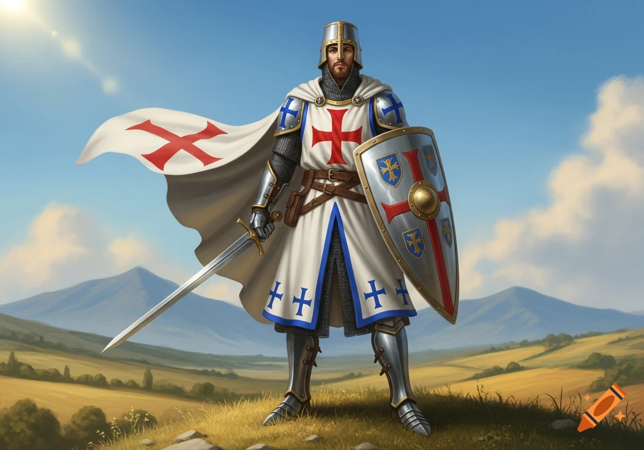 A fully armored crusader knight with sword and shield stands heroically in a sunny field with mountains.