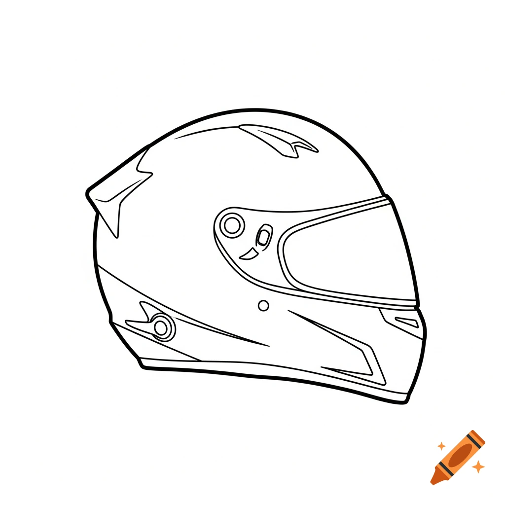 Minimalist black and white line art drawing of a racing helmet viewed from the side.