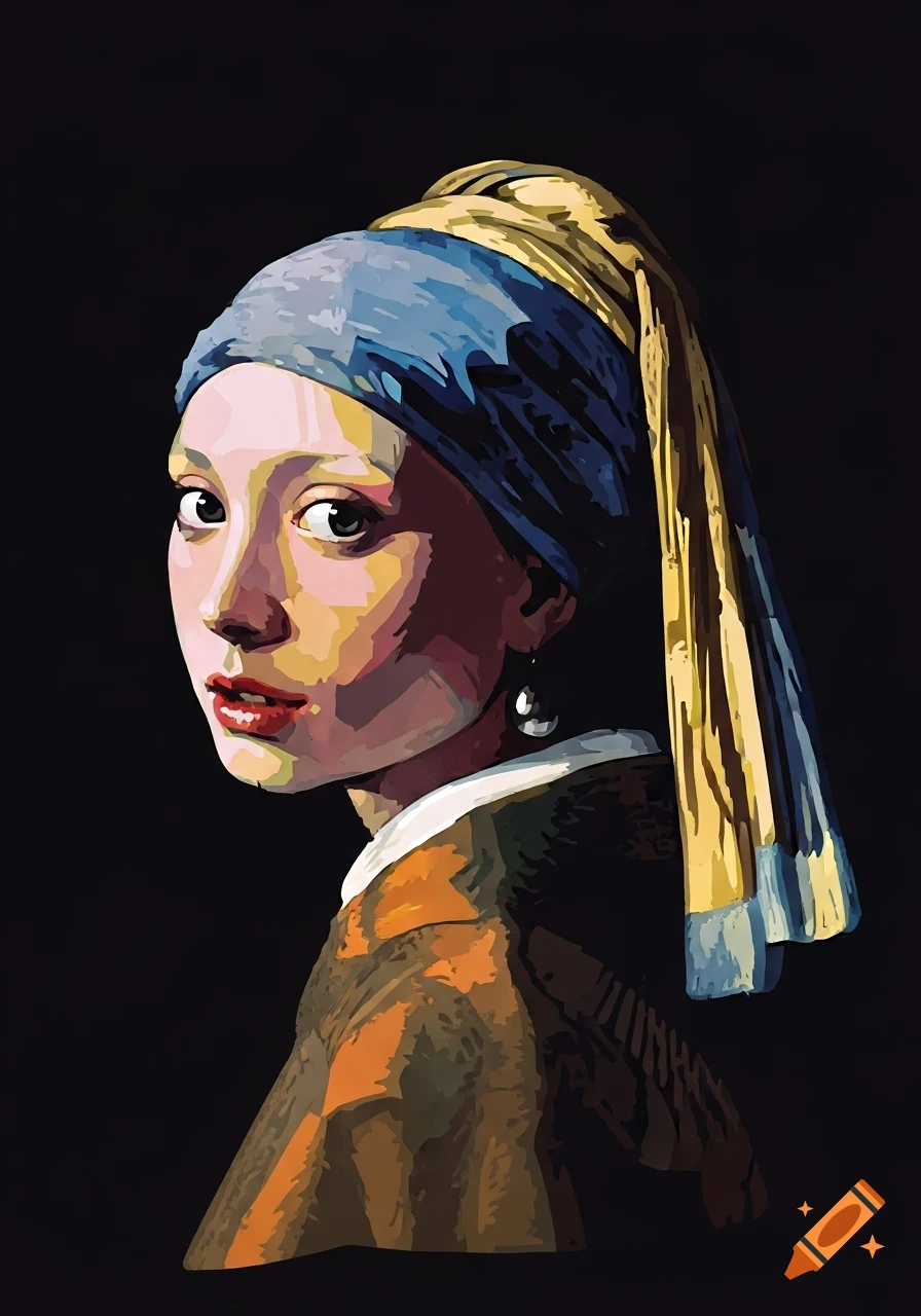 Stylized pop art portrait of a woman with a blue and gold head covering, a pearl earring, and red lips, against a dark background.