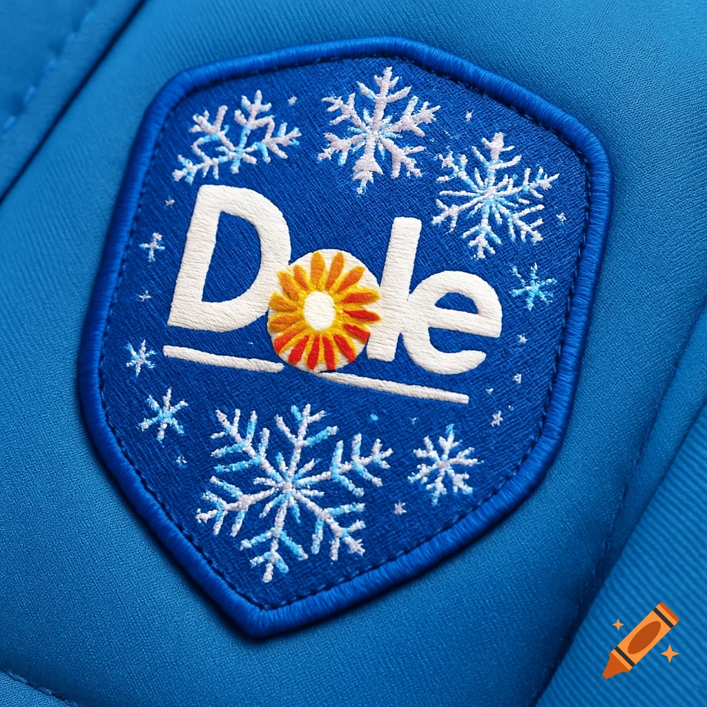 Close-up of a blue embroidered patch with the Dole logo, a sun emblem, and white and blue snowflakes on blue fabric.