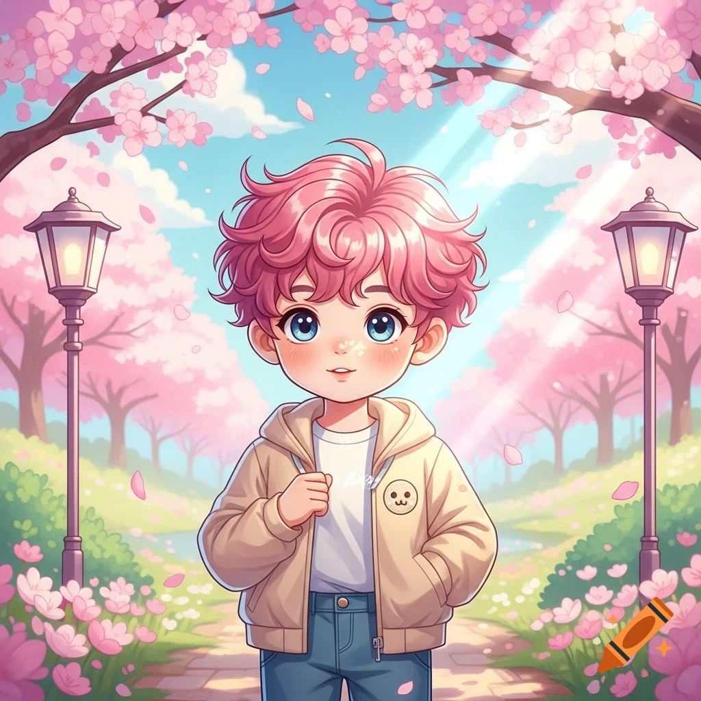 A cute anime boy with pink hair and blue eyes stands on a path in a spring park filled with pink cherry blossoms.