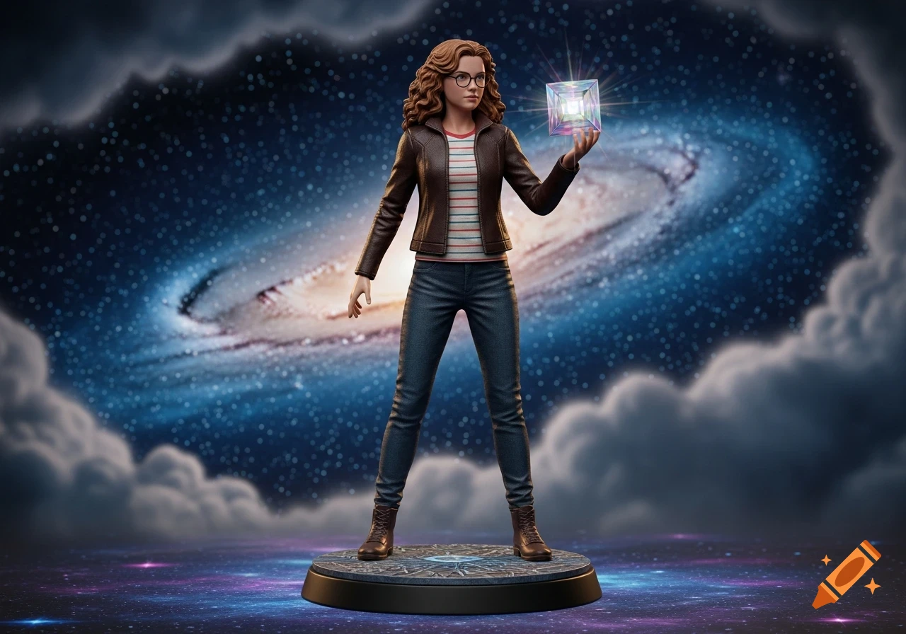 Action figure of a young woman with curly hair and glasses, in a jacket and jeans, holding a glowing cube, against a swirling galaxy backdrop with clouds.