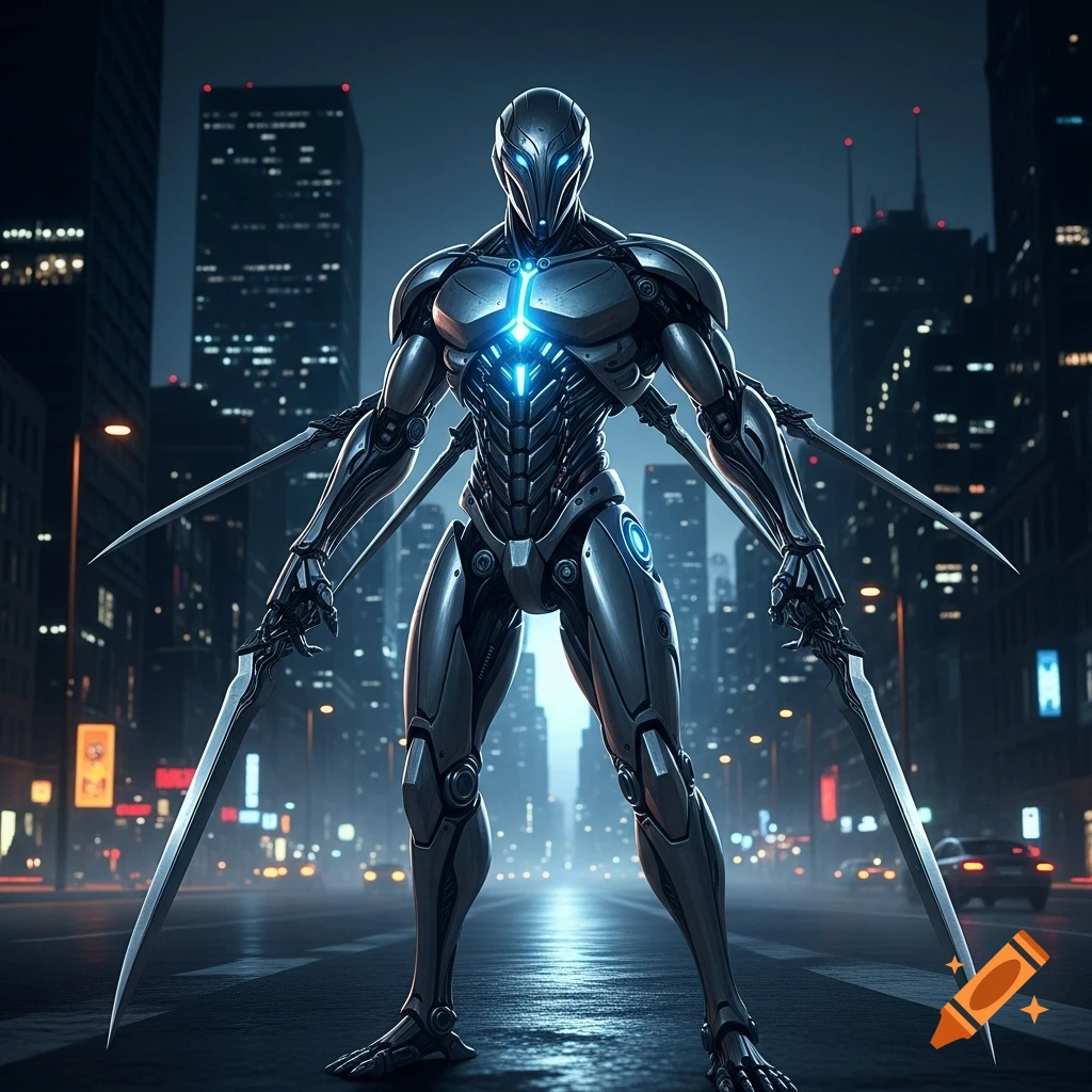 A sleek, metallic, glowing robot with blades for hands stands in a dark, futuristic city street.