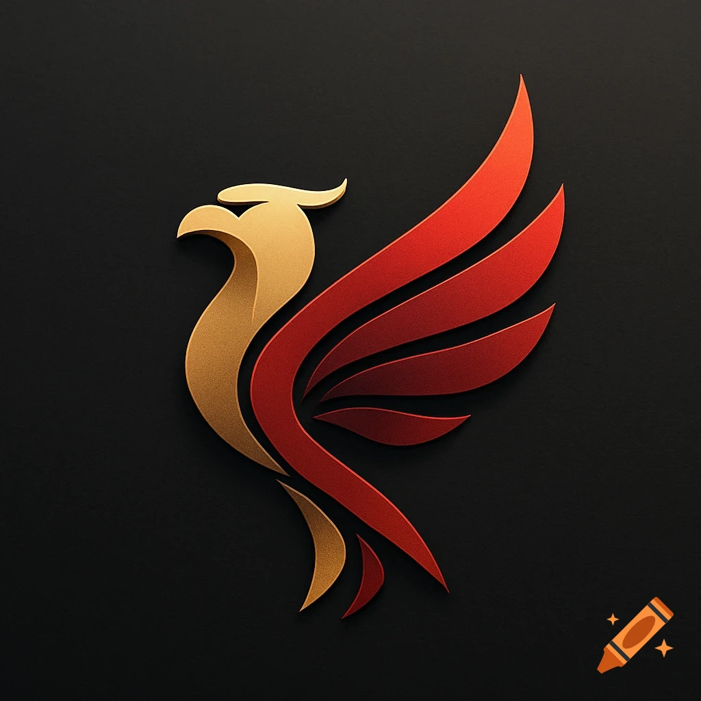 A gold and red stylized phoenix logo on a dark background.