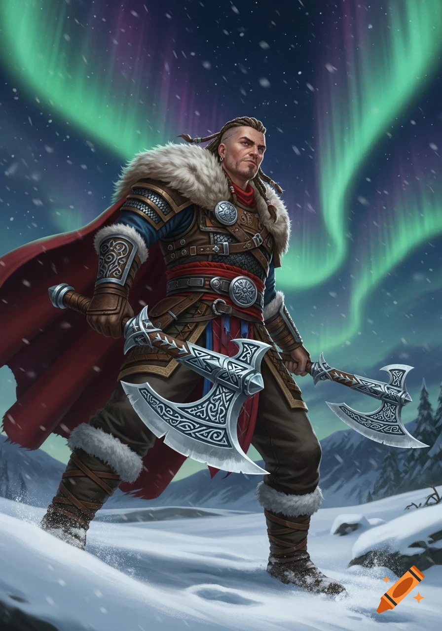 A male skald warrior in fur-trimmed armor holds two ornate axes in a snowy landscape under the aurora borealis.