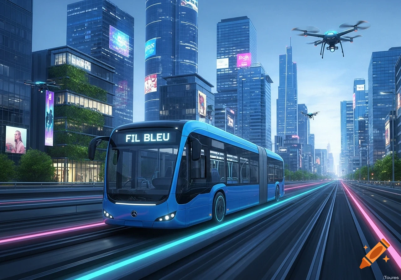 A blue futuristic bus drives on glowing tracks through a city with tall skyscrapers and flying drones.