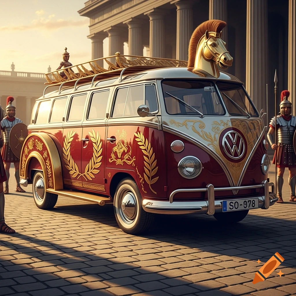 A custom red and gold Volkswagen T1 van, styled as a Roman chariot with a horse head, parked on cobblestones with Roman soldiers and classical architecture.