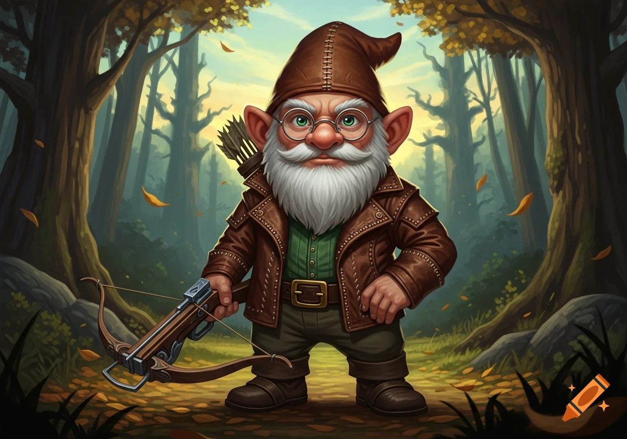 A fantasy illustration of a bearded gnome in a brown leather jacket and glasses, holding a crossbow in an autumnal forest.