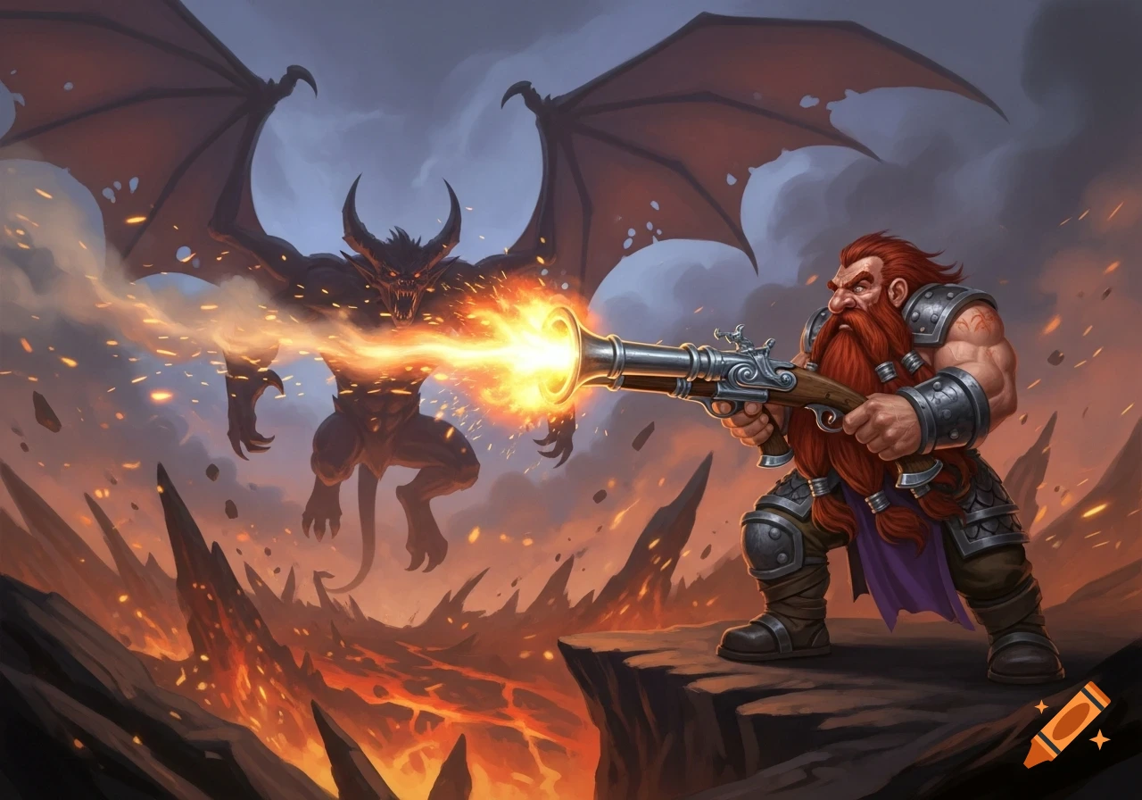 A muscular dwarf warrior with a red beard shoots a blunderbuss at a menacing winged demon in a fiery, volcanic landscape.