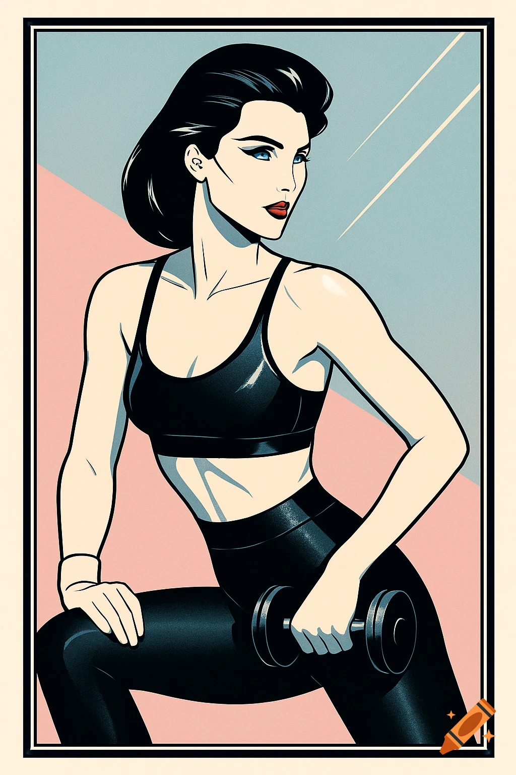 A pop art illustration of a woman in black workout clothes holding a dumbbell, against a blue and pink geometric background.