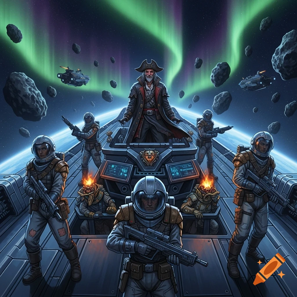 A space pirate captain and his armed crew in spacesuits stand on a large spaceship, with asteroids and an aurora in the cosmic background.