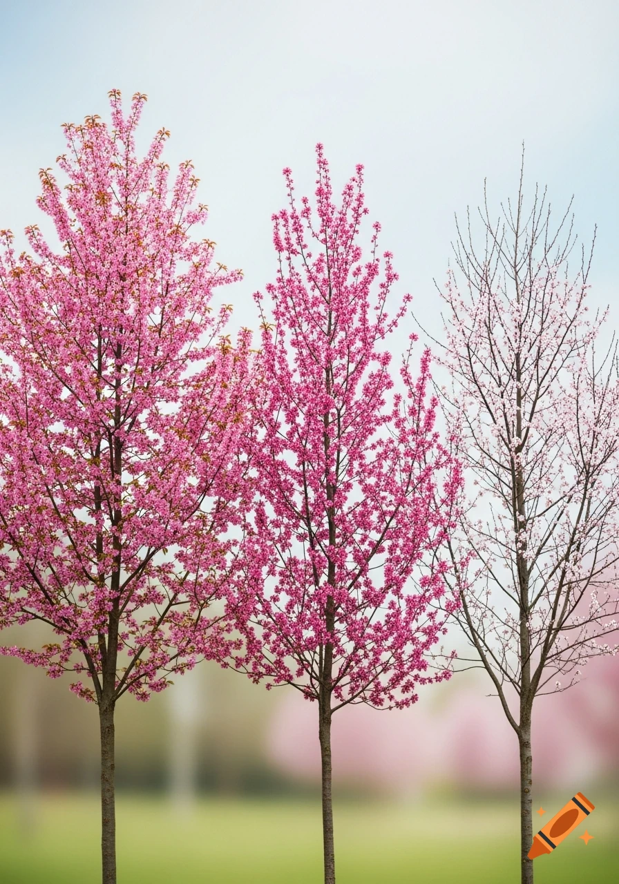 Three blossom trees stand side-by-side in a grassy field. The left tree is full, the middle moderate, and the right tree sparse with pink blooms against a soft blue sky.