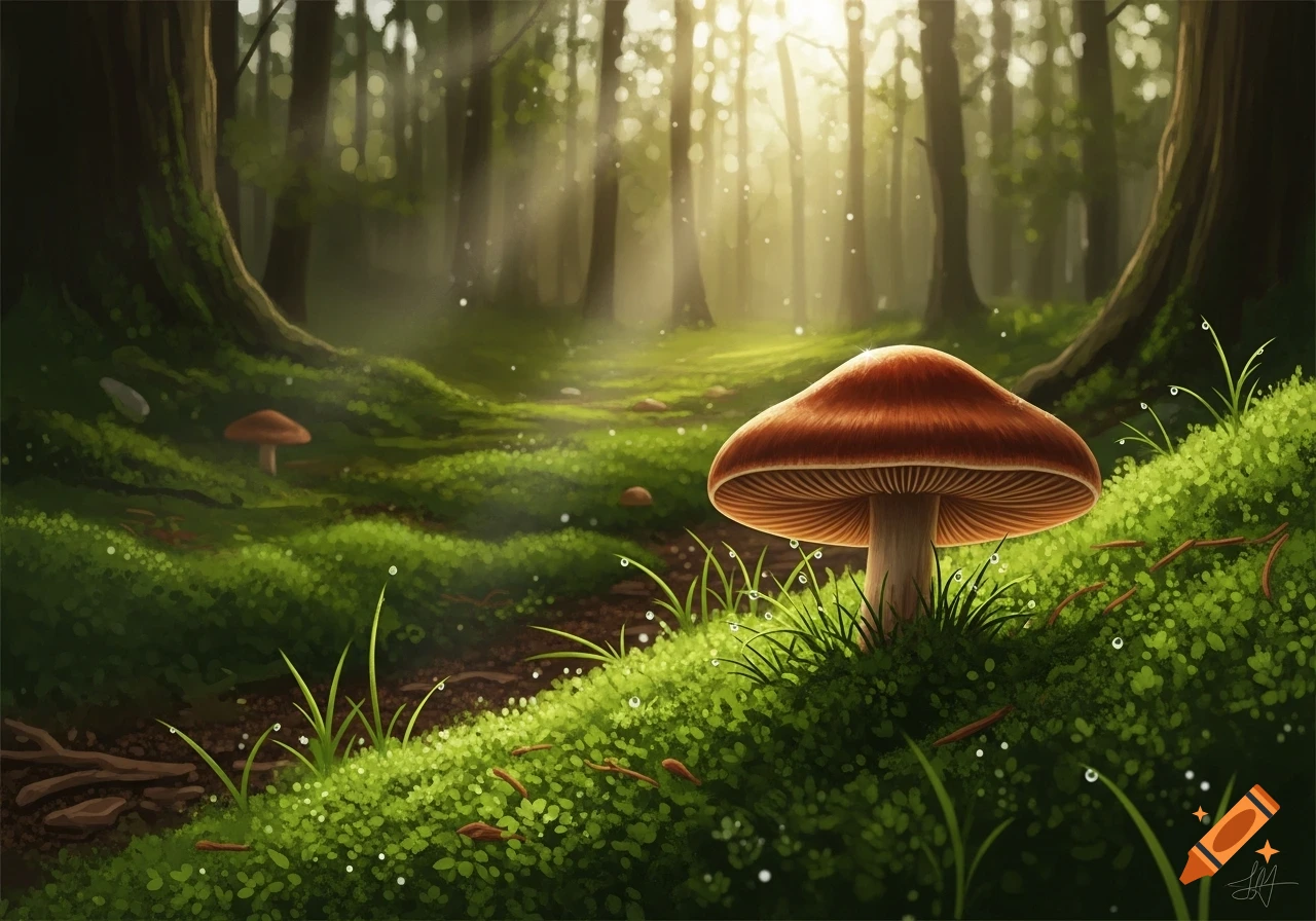 A large brown mushroom on a mossy forest floor, with sunlight filtering through trees in the background.