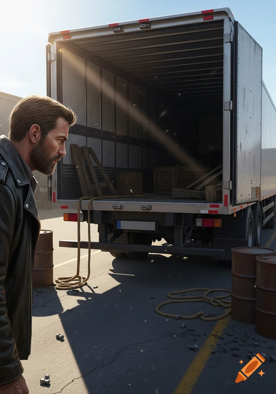 A bearded man in a leather jacket looks into the empty rear of a large white transport truck, illuminated by sunlight.