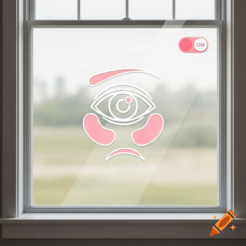 Minimalist window decal of a stylized eye with pink shapes and an 'ON' toggle switch on glass, blurred outdoor background.