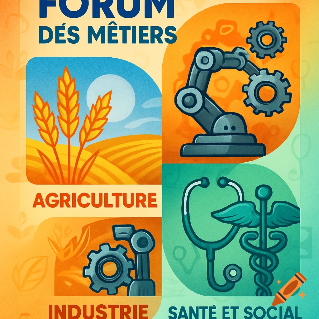 Colorful illustrated flyer for a job forum, showing agriculture (wheat), industry (robot arm), and healthcare (stethoscope).