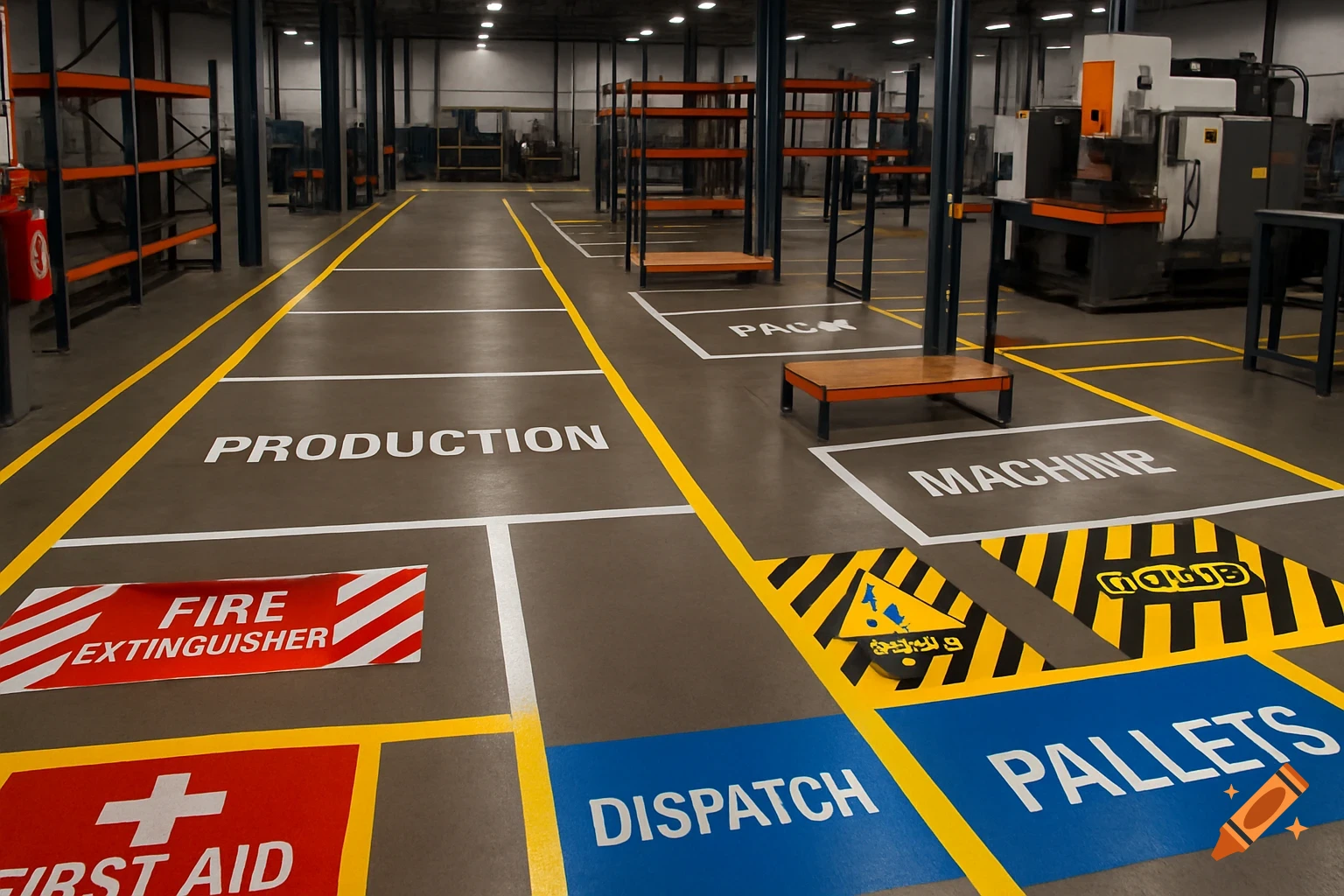An industrial workshop floor with various color-coded markings and text: production, fire extinguisher, first aid, dispatch, pallets, machine, and pack areas.