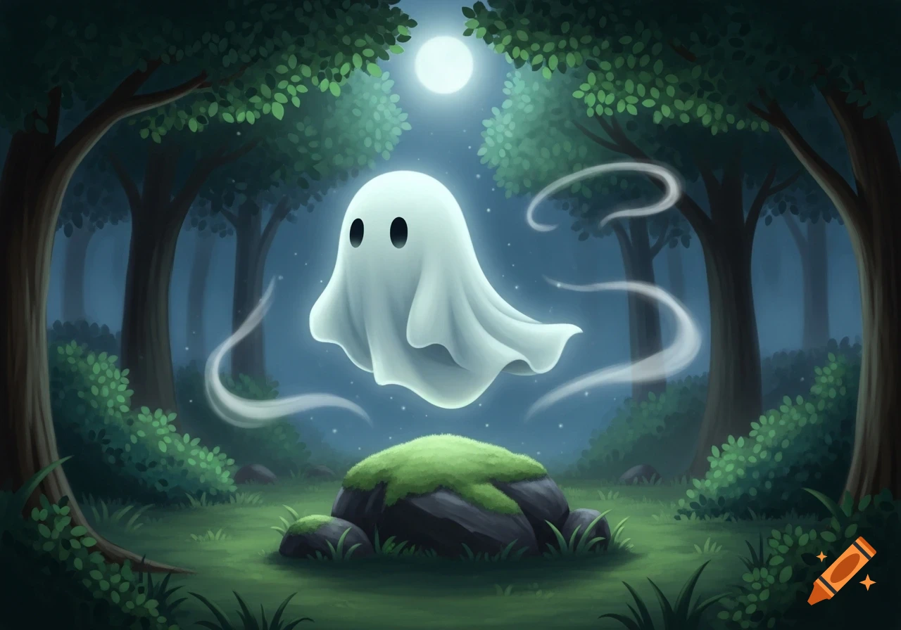 A cute, floating white ghost with black eyes drifts above mossy rocks in a dark, moonlit forest. Whimsical illustration.