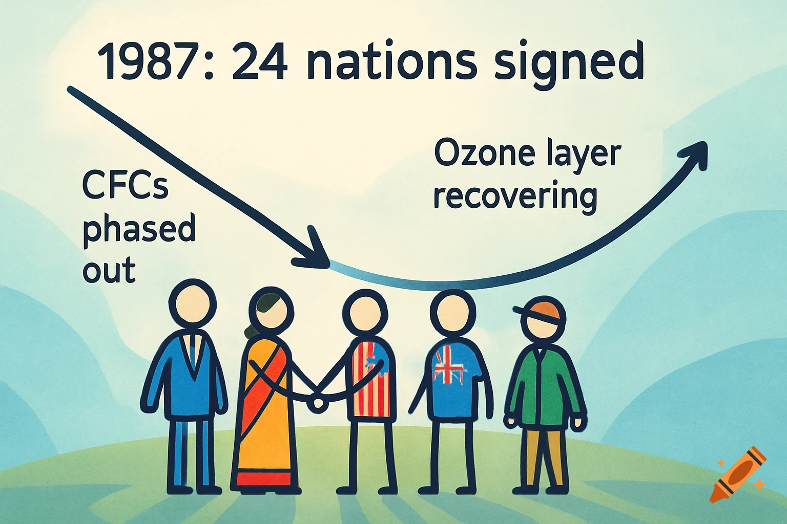 An infographic shows stick figures of different nations shaking hands, with arrows indicating CFCs phased out and the ozone layer recovering after 24 nations signed in 1987.