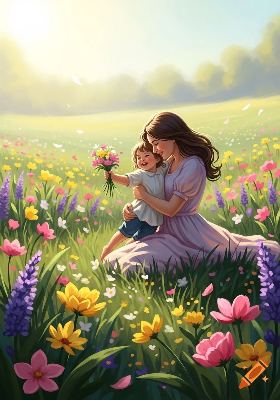 Smiling mother embraces her child holding a colorful flower bouquet in a vibrant, sunny field, rendered in an illustrative style.