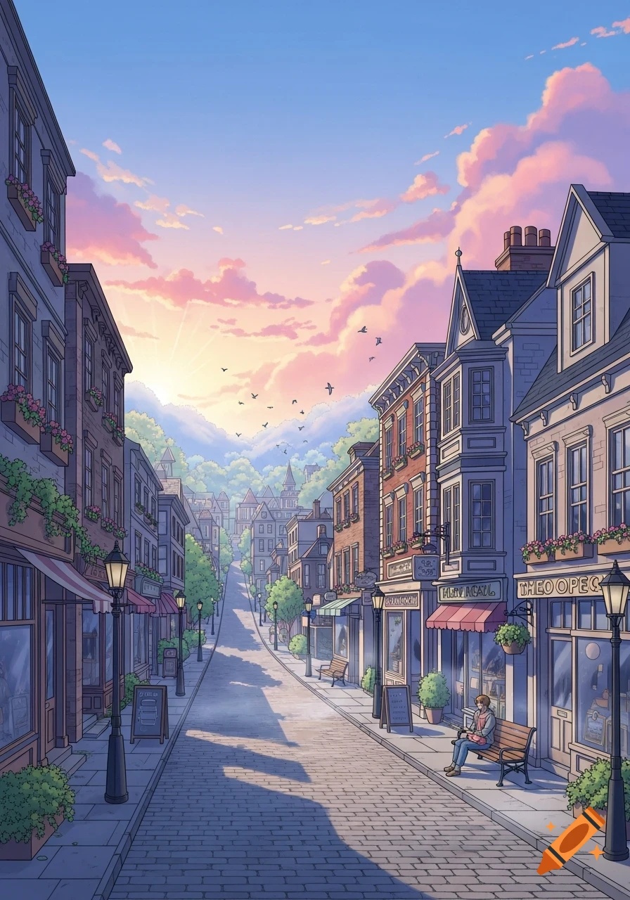 A comic-style illustration of a peaceful town street at daybreak, with shops, cobblestones, and a person on a bench.