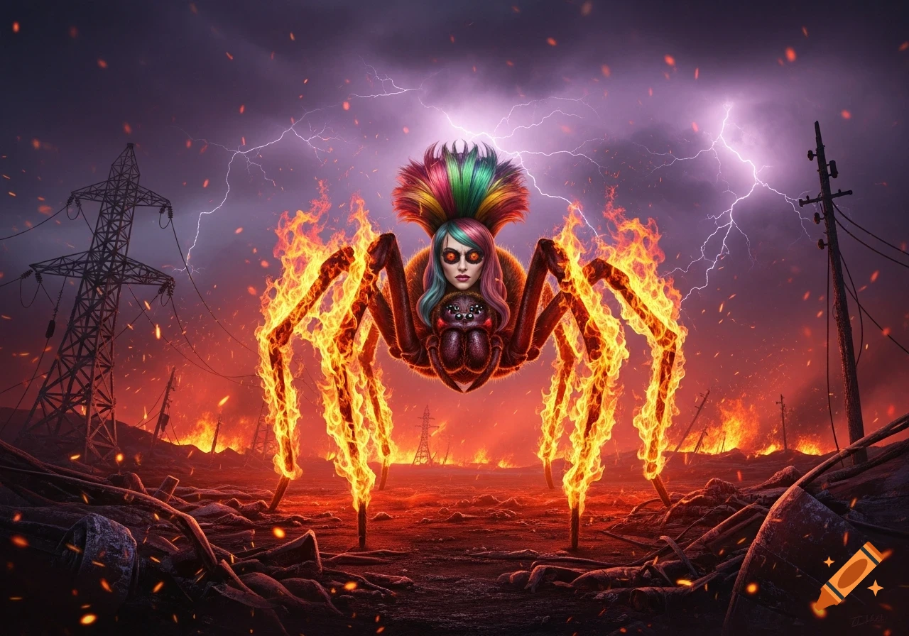 A fiery spider-creature with a human face and rainbow hair stands in a burning apocalyptic landscape with lightning.