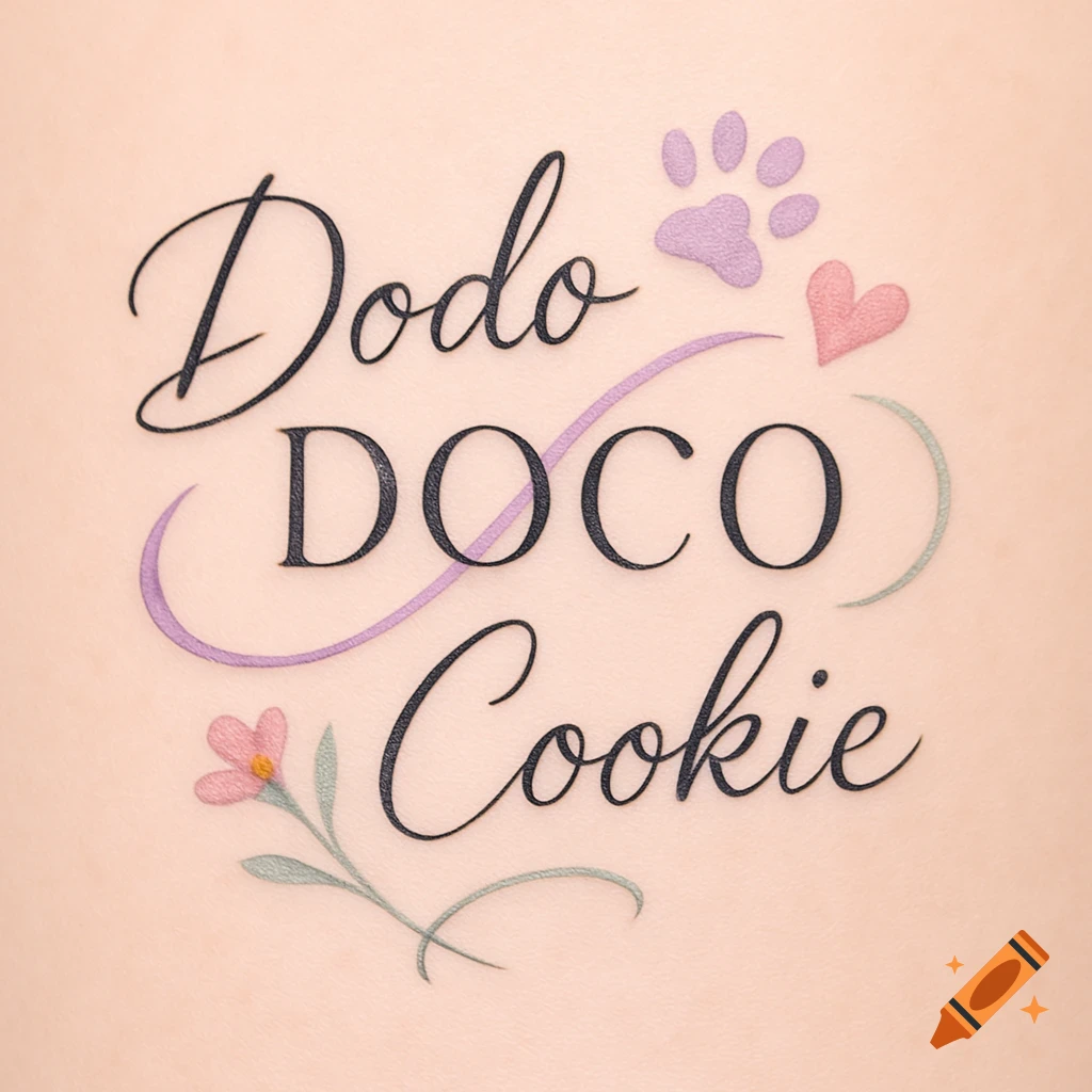 A pastel-colored tattoo design with the names "Dodo," "DOCO," and "Cookie" in black script, accompanied by a lavender paw print, pink heart, and a delicate flower.