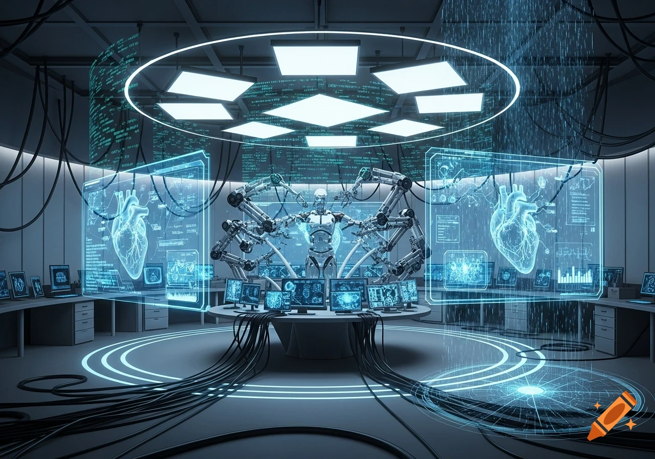 Futuristic AI lab with a central robot, robotic arms, and glowing holographic displays showing data and diagrams.
