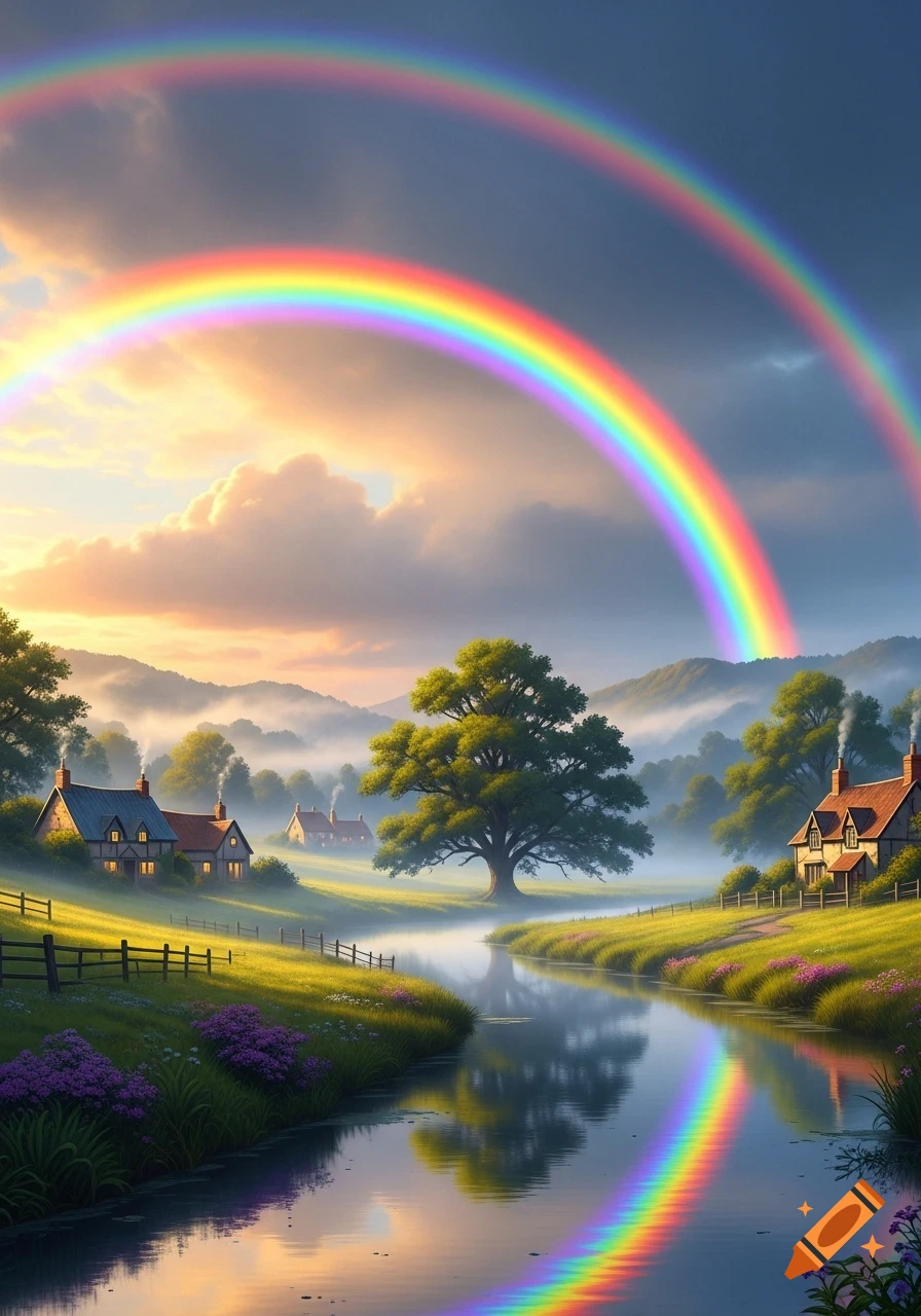 A vibrant double rainbow arches over a tranquil river flowing through a misty, green rural valley with quaint houses and a large oak tree.