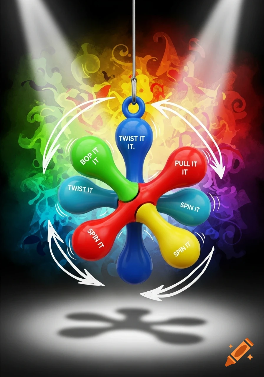 A colorful Bop It toy hangs suspended, surrounded by white curved arrows indicating movement. It features sections labeled "BOP IT IT", "TWIST IT IT.", "PULL IT IT", and "SPIN IT" against a vibrant rainbow-colored background, lit by spotlights.