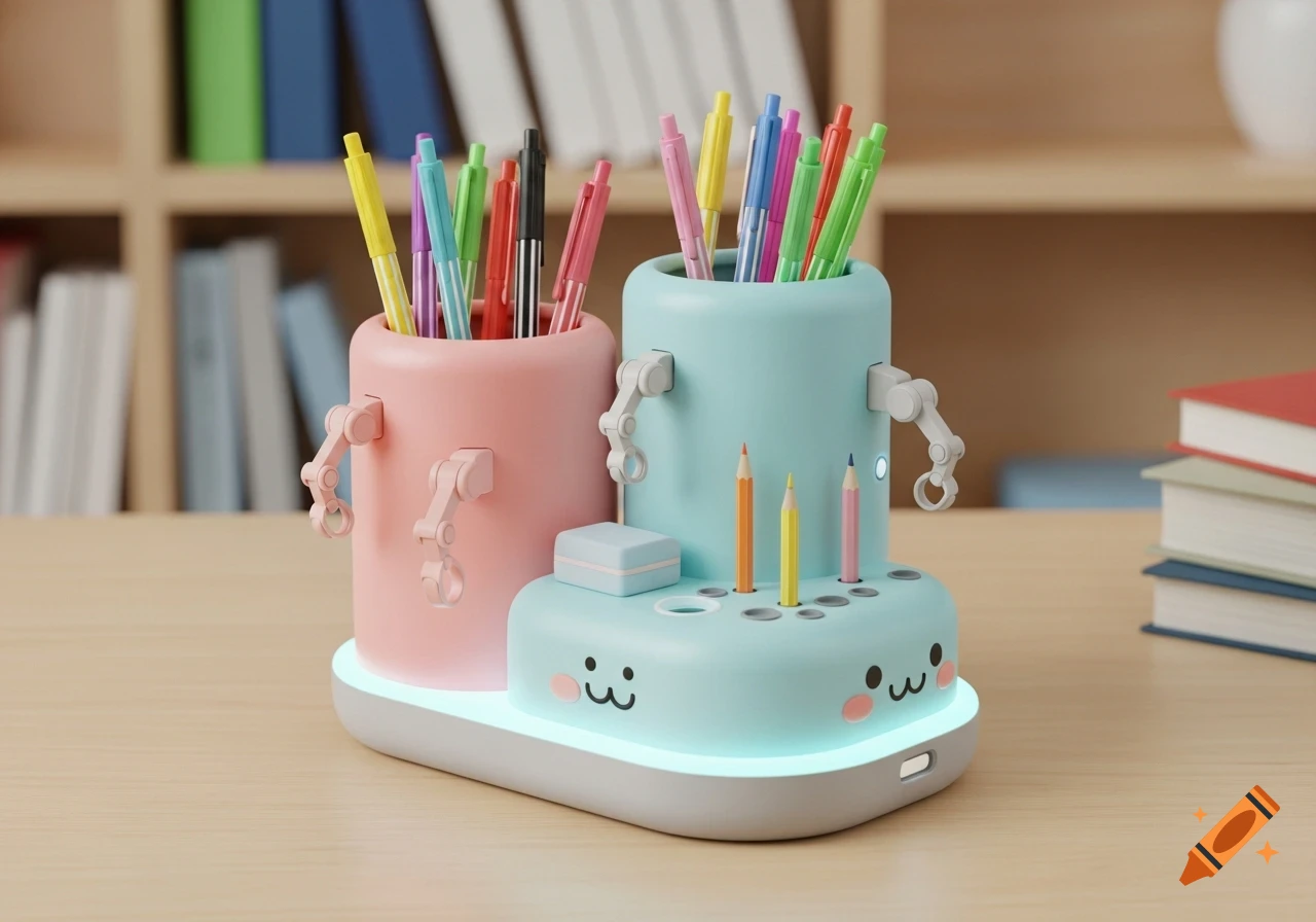 A colorful, futuristic smart pen holder in pink and light blue, with robot arms and LED lights, holding pens and pencils on a wooden desk.