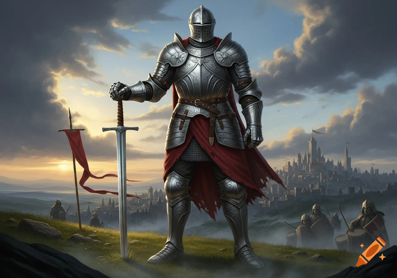 A majestic knight in shining armor stands on a hill, sword in hand, overlooking a medieval castle and soldiers at sunset.